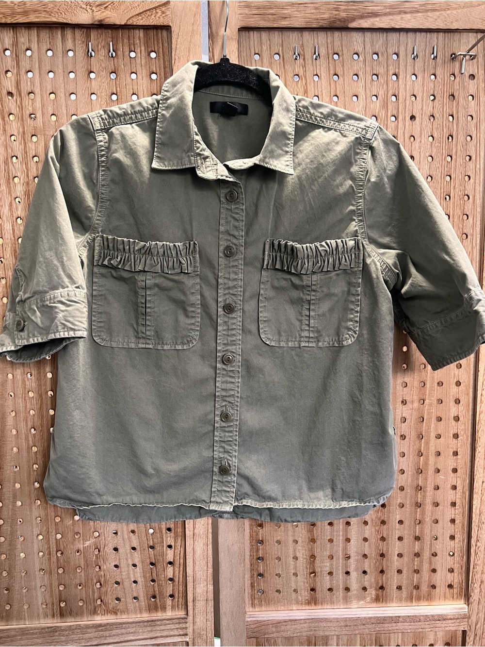 J.Crew Olive Utility Shirt with Ruffle Pocket Trim Size 8P